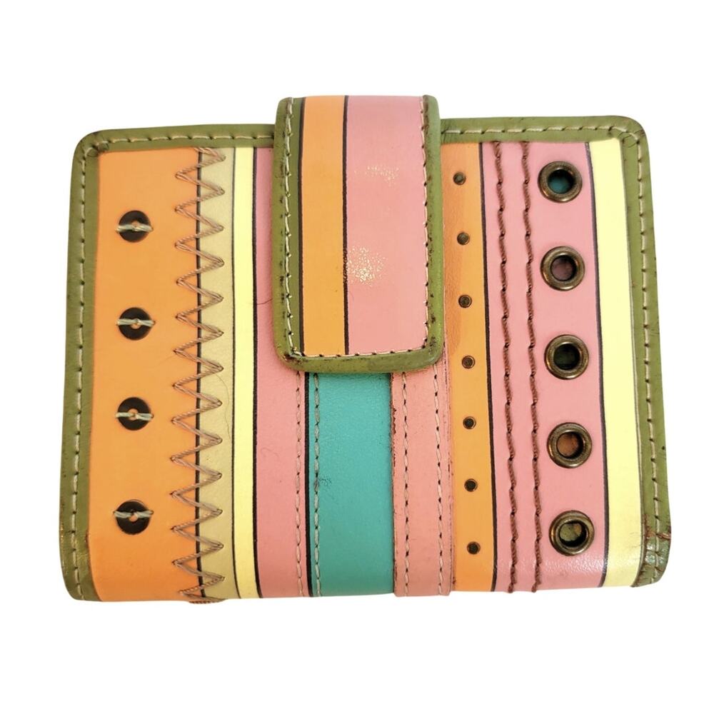 Fossil Leather Wallet Retro Stripe Patchwork Design with Grommet Detail Wallet